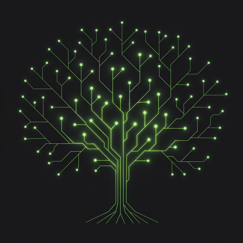 一棵向上分叉的发光电路板推理树,象征思维树(Tree-of-Thought)的展开